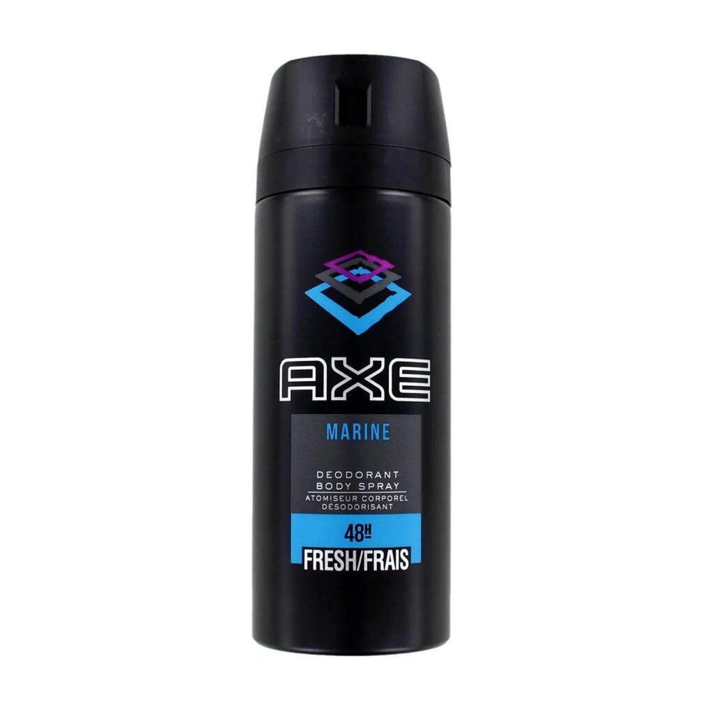 Axe Marine Deodorant Spray. Bomboletta spray nera con logo blu e rosa. Testo: Marine, Deodorant, 48h Fresh/Frais.