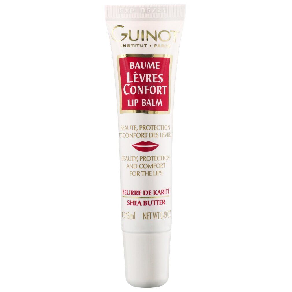 Guinot Baume Lèvres Confort Lip Balm. Tubetto bianco con etichetta rossa. Testo: Baume Lèvres Confort, Burro di Karité. 15ml.