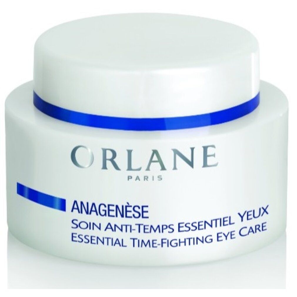 Vasetto bianco con bordo blu e coperchio. Scritta: ORLANE PARIS, ANAGENÈSE, SOIN ANTI-TEMPS ESSENTIEL YEUX, ESSENTIAL TIME-FIGHTING EYE CARE.