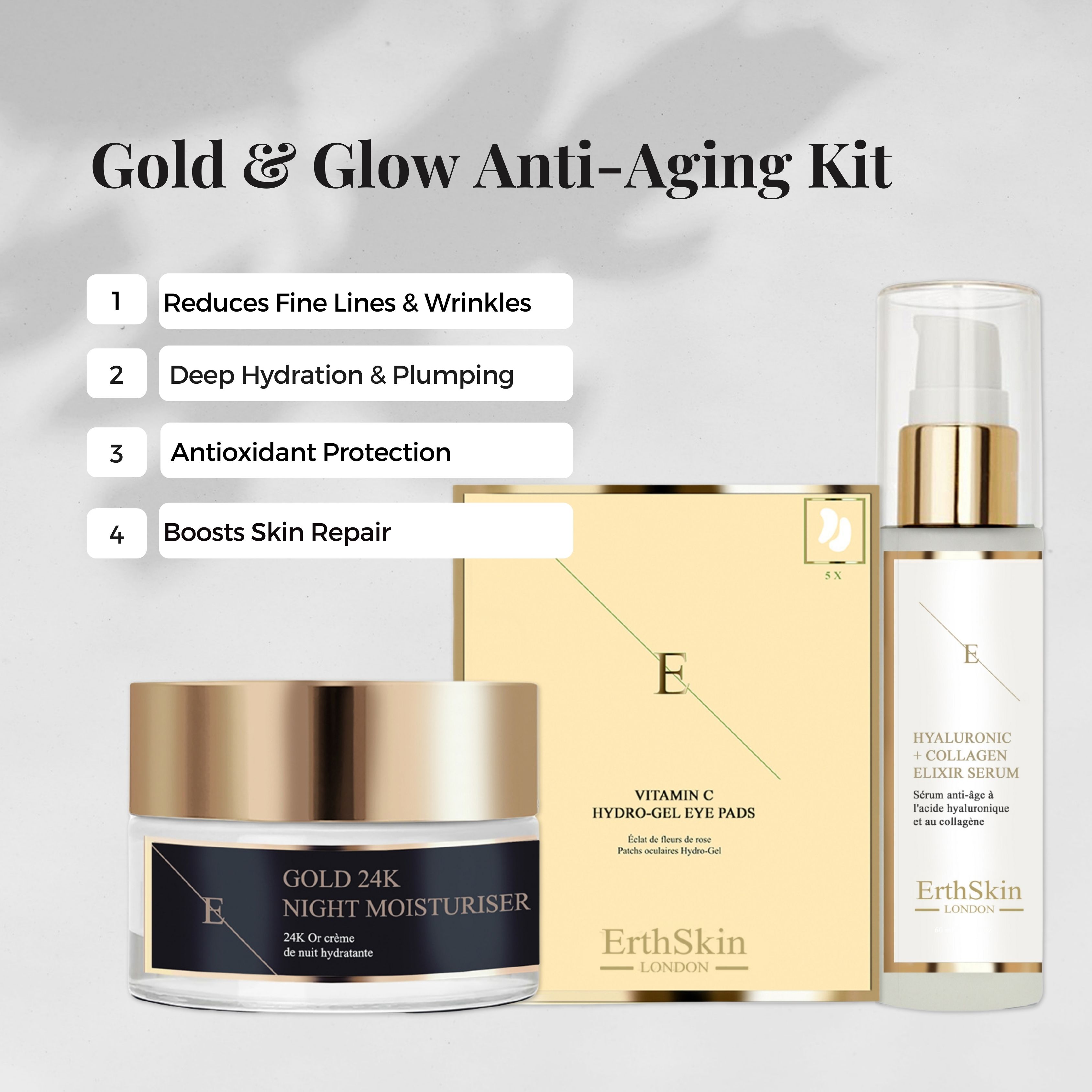 Tre prodotti: crema notte, patch occhi e siero. Coperchi e confezioni dorate. Scritte: ErthSkin London, Gold 24K Night Moisturiser, Vitamin C Hydro-Gel Eye Pads, Hyaluronic + Collagen.