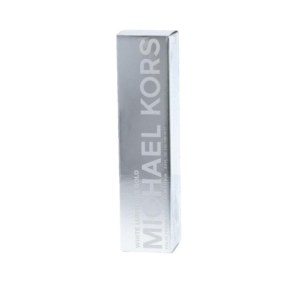 Confezione rettangolare argentata con logo MICHAEL KORS e nome del prodotto. Testo: WHITE Luminous Gold.