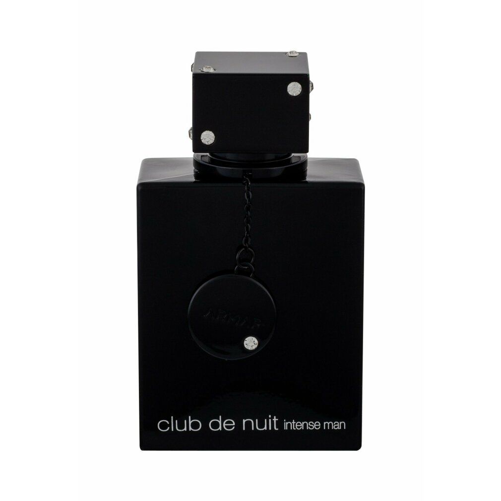 Flacone nero con tappo quadrato. Scritta: Club de Nuit Intense Man. Ciondolo con logo.