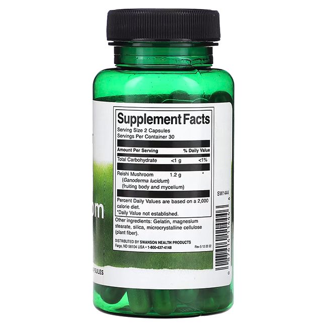 Flacone verde con tappo nero. Retro con informazioni nutrizionali, tra cui "Reishi Mushroom" e ingredienti.
