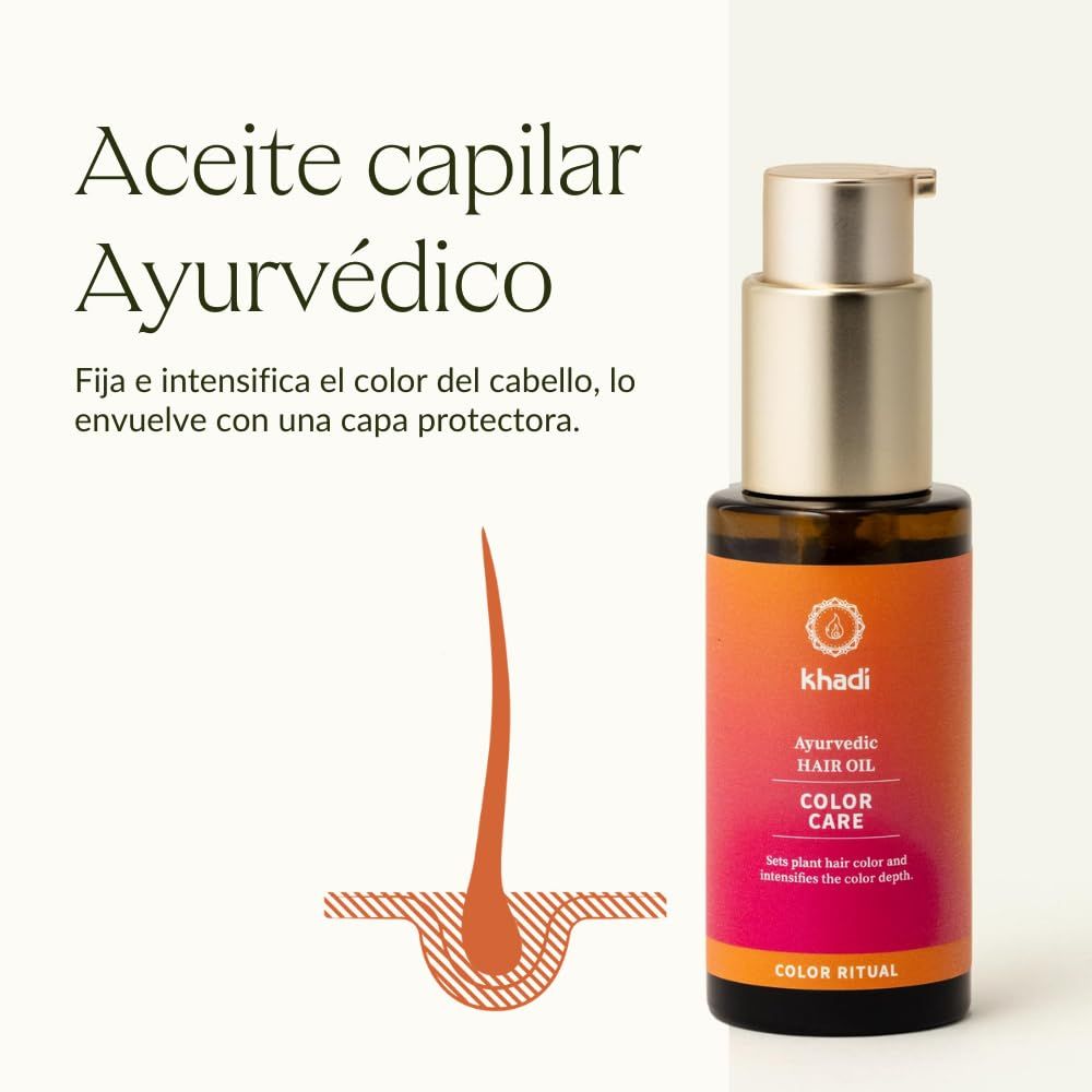 Flacone di vetro marrone con erogatore dorato. Etichetta con nome del prodotto e logo. Testo: Olio per capelli ayurvedico Color Care.