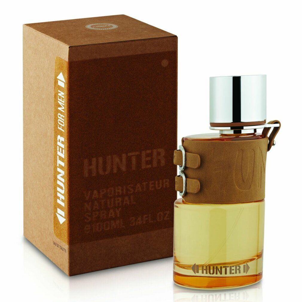 Flacone di profumo con custodia in pelle marrone e scatola. Scritta: Hunter, Vaporisateur Natural Spray.
