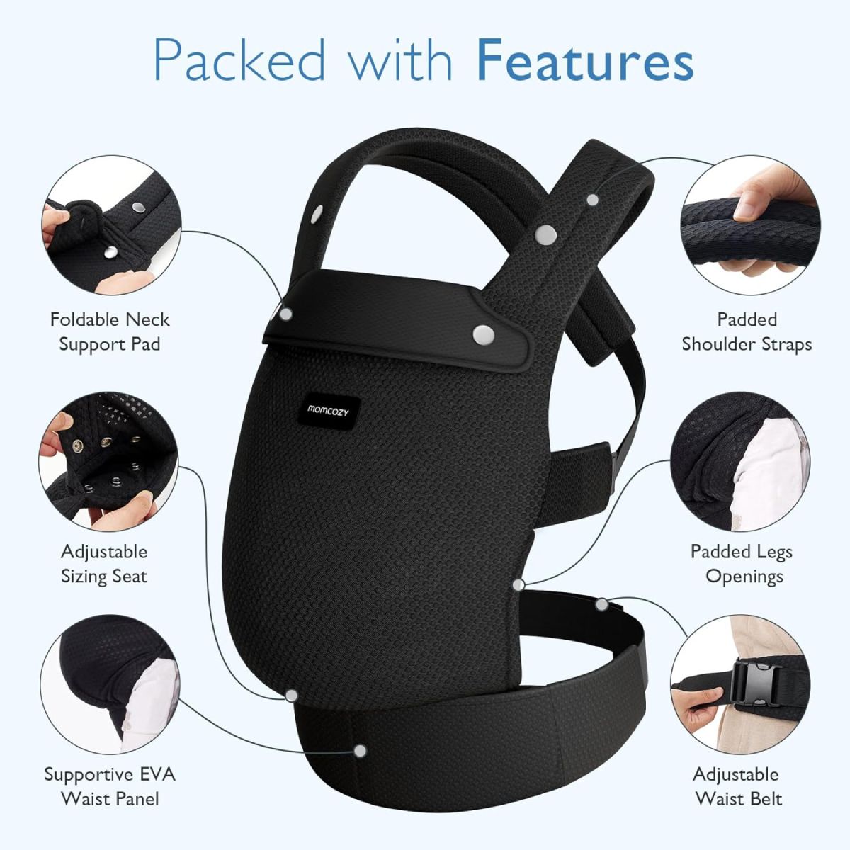 Marsupio nero Momcozy. Caratteristiche: cuscino per il collo pieghevole, spallacci imbottiti, seduta regolabile, cintura in vita EVA, aperture per le gambe, cintura regolabile.
