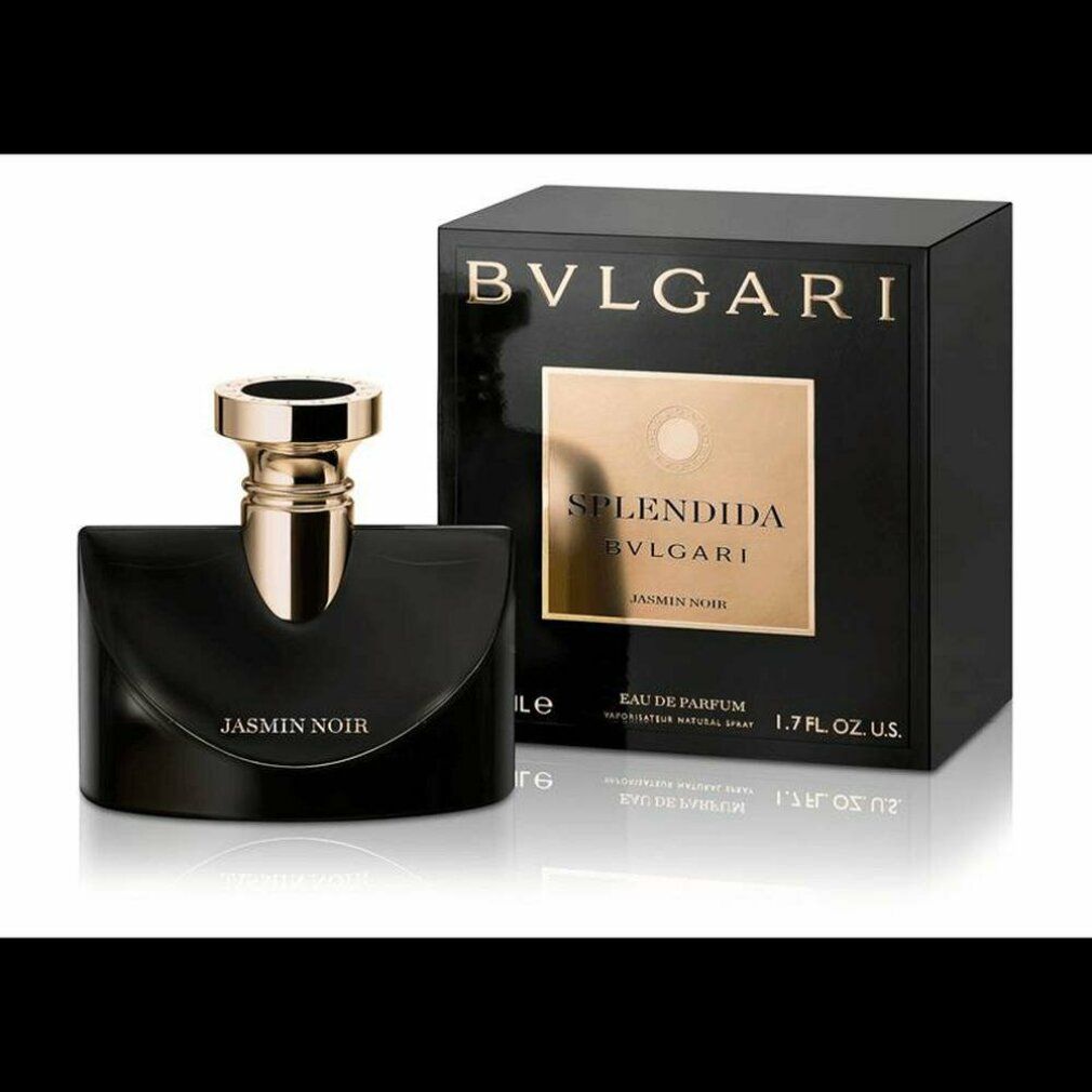 Flacone nero con tappo dorato e confezione nera. Scritta: Jasmin Noir, Bvlgari Splendida. 1.7 FL. OZ. U.S.