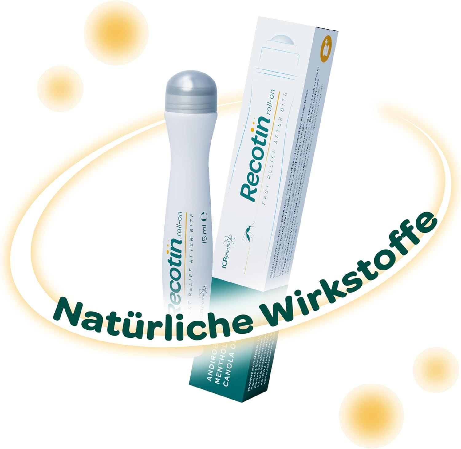 Flacone roll-on e confezione. Nome del prodotto: Recotin roll-on. Testo: Principi attivi naturali. Sfondo giallo con cerchi.