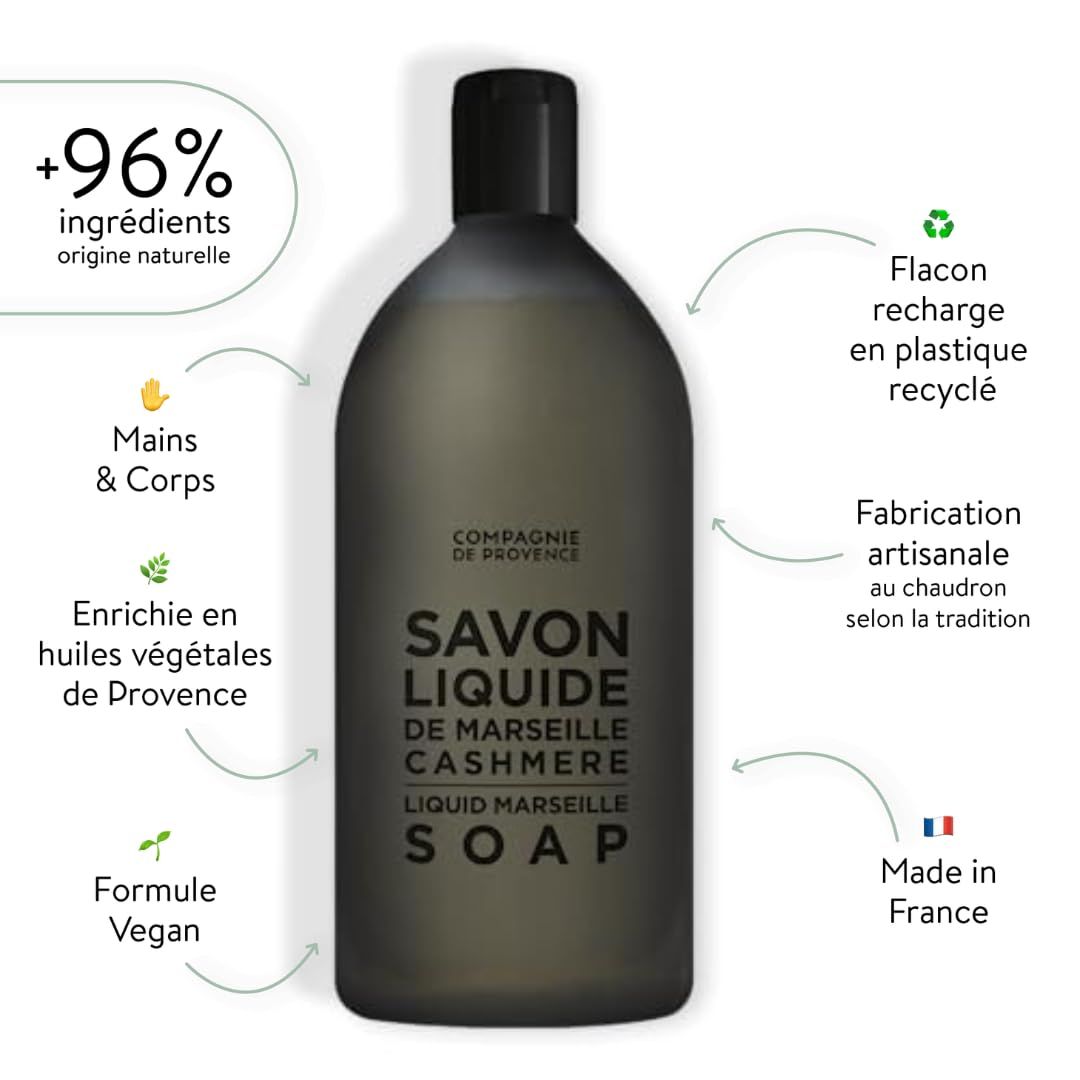 Flacone grigio con tappo nero. Testo: SAVON LIQUIDE DE MARSEILLE CASHMERE. Informazioni aggiuntive.