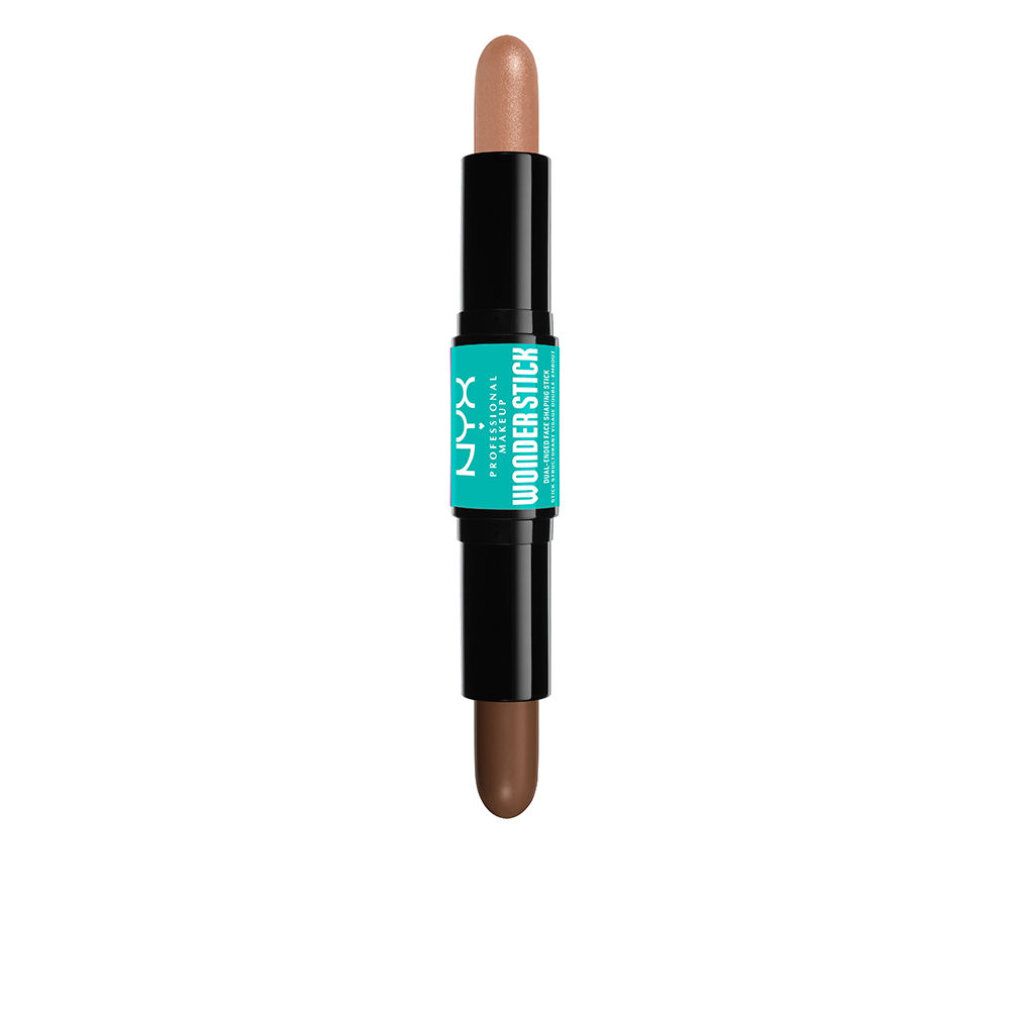 Stick per trucco doppio. Due estremità: marrone chiaro e marrone scuro. Stick nero con adesivo turchese. Scritta: NYX PROFESSIONAL MAKEUP WONDER STICK.