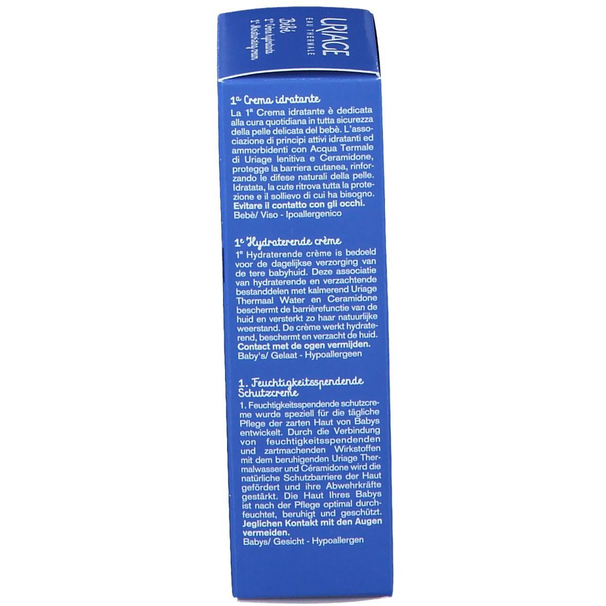 Scatola pieghevole blu con testo multilingue. Contiene informazioni sul prodotto e sugli ingredienti.