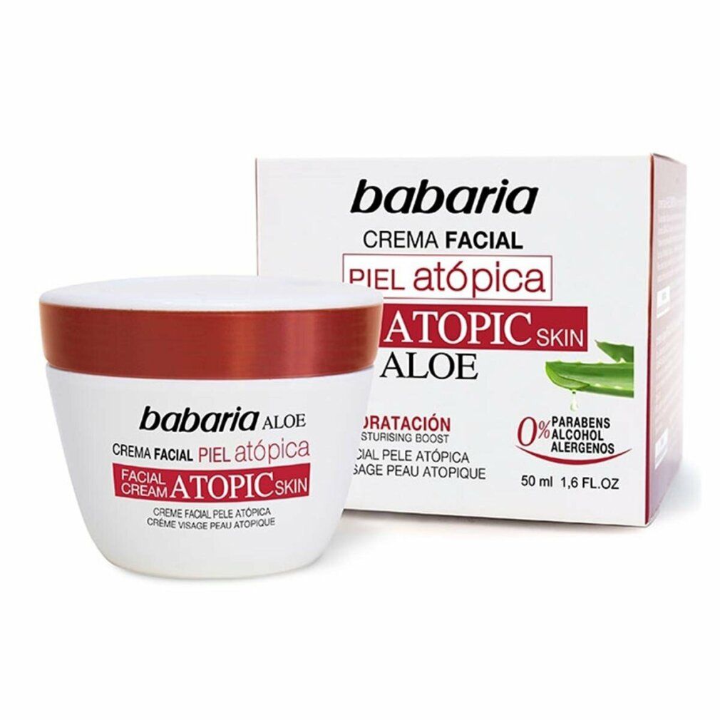 Vaso e scatola di crema. Scritta Babaria, Crema Facial, Piel Atópica, Aloe. 0% parabeni, alcool, allergeni. Illustrazione foglia di aloe.