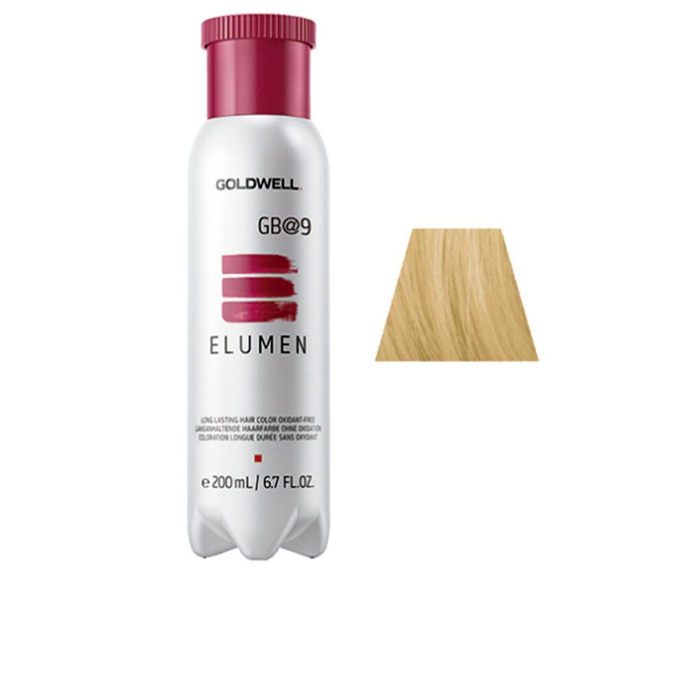 Flacone di tinta per capelli ELUMEN bianco, tappo rosso. Accanto, un campione di colore biondo.