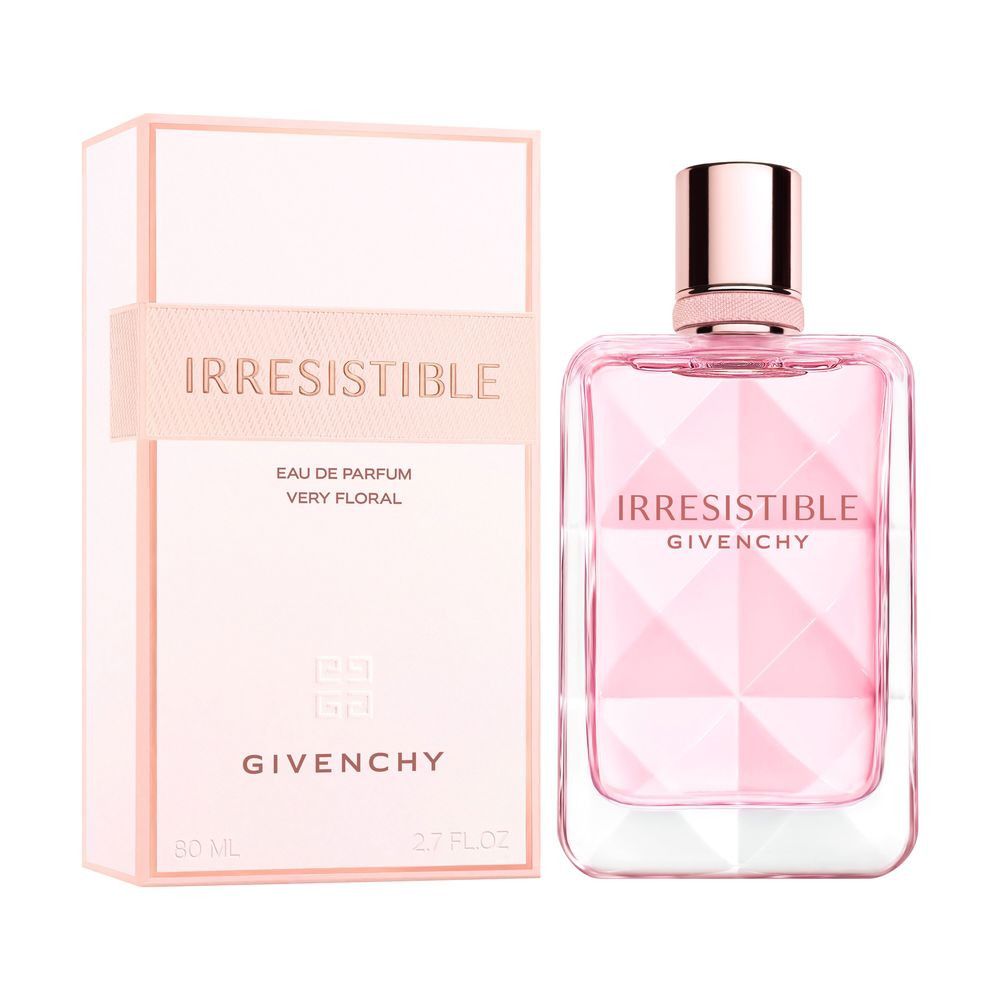 Flacone di profumo e confezione. Flacone in vetro rosa con tappo. Scritta: Irresistible, Givenchy. Confezione con logo.