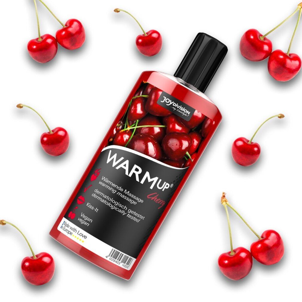Flacone di liquido con motivo ciliegia. Scritta: WARMUP Cherry. Decorato con ciliegie.