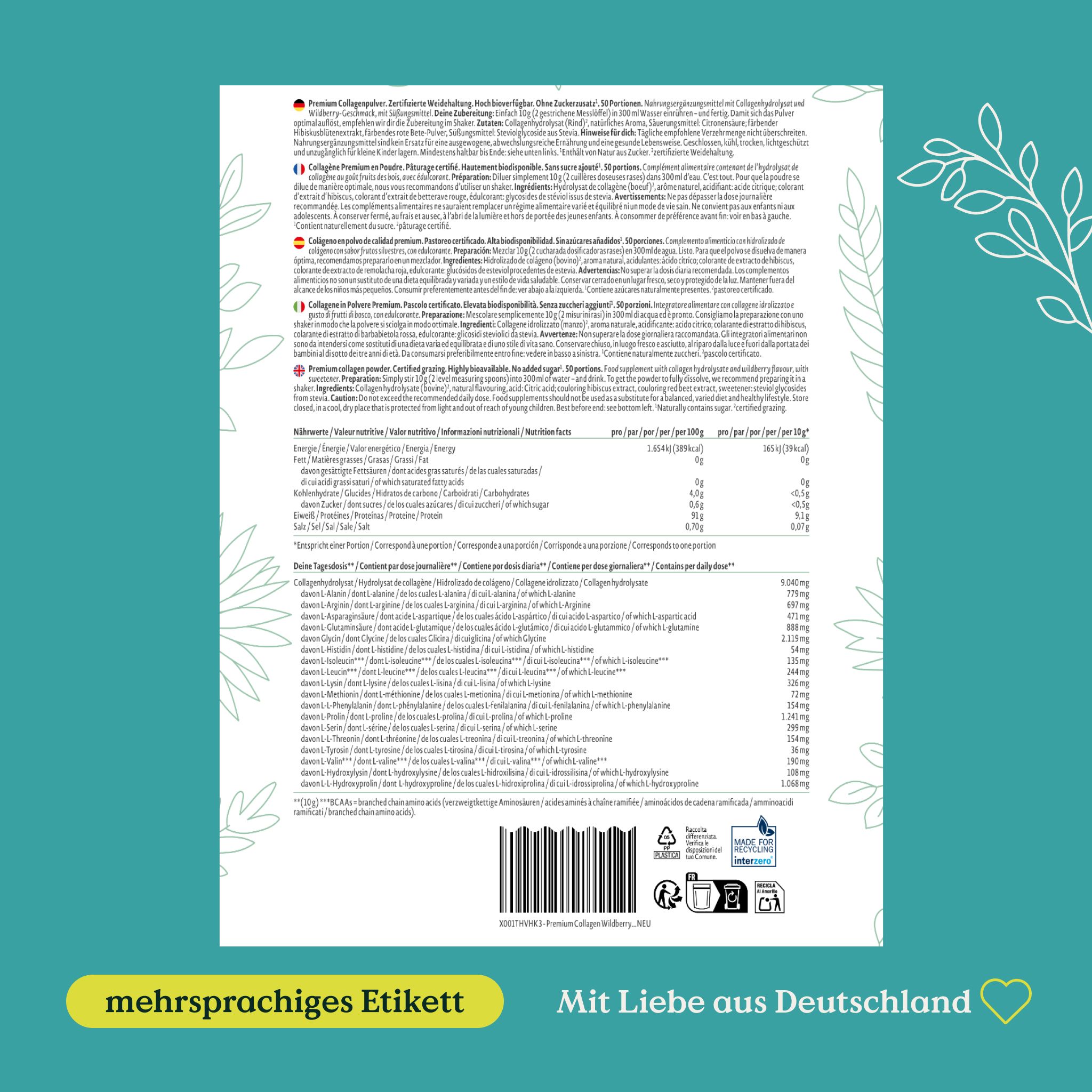 Retro della confezione NATURE LOVE® Collagenpulver. Etichetta multilingue con informazioni nutrizionali e ingredienti.