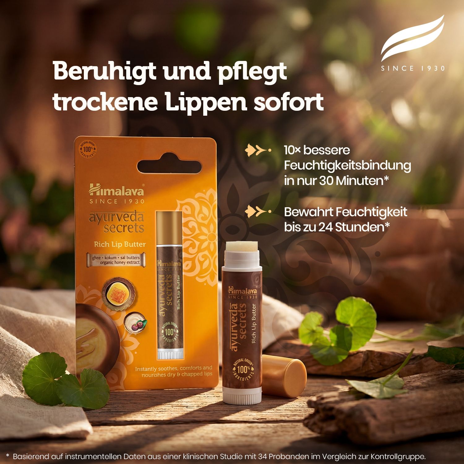 Stick e vasetto Himalaya Ayurveda Secrets Rich Lip Butter su superficie in legno, circondati da materiali naturali.