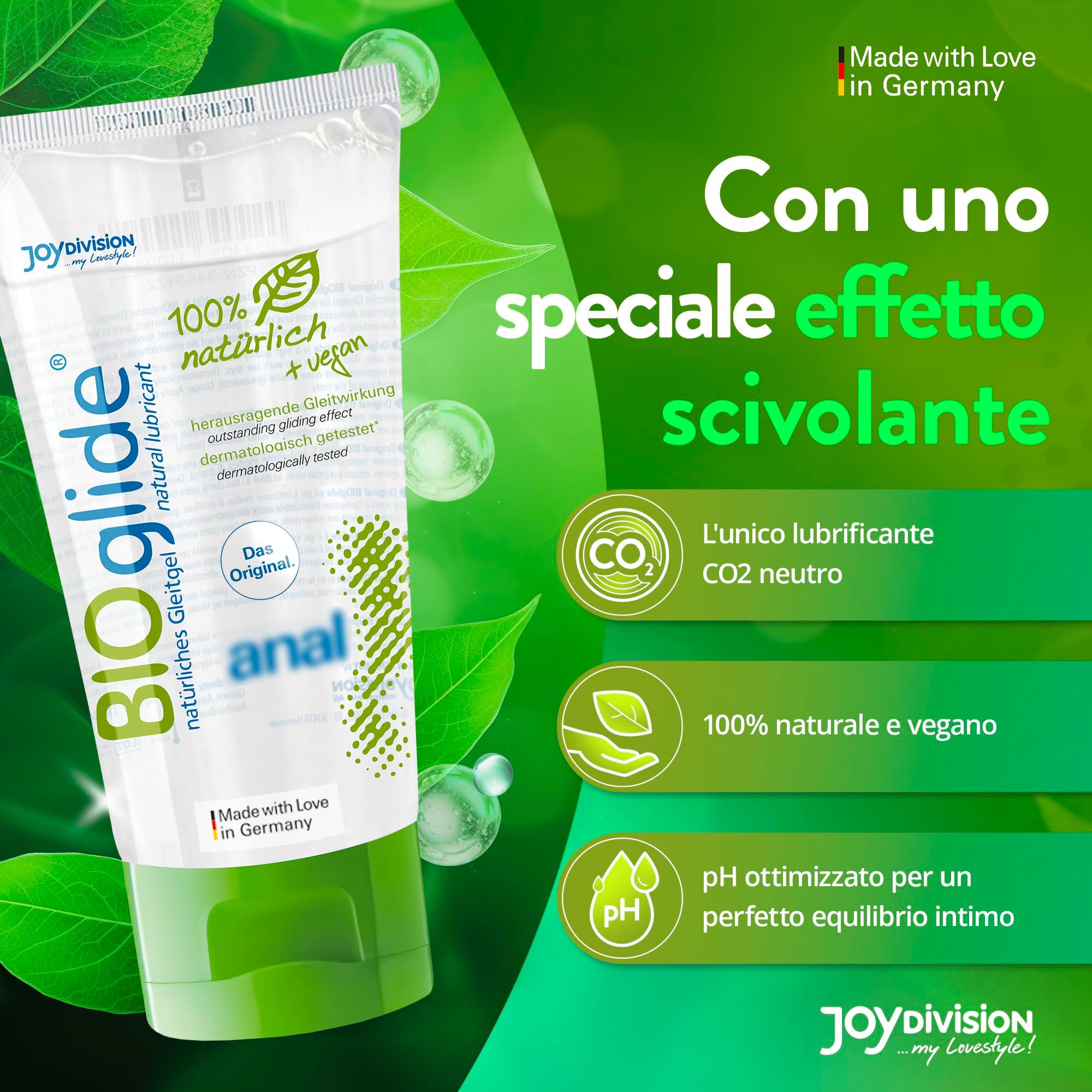 Tubo di gel lubrificante BIOglide con tappo verde. "Con uno speciale effetto scivolante".