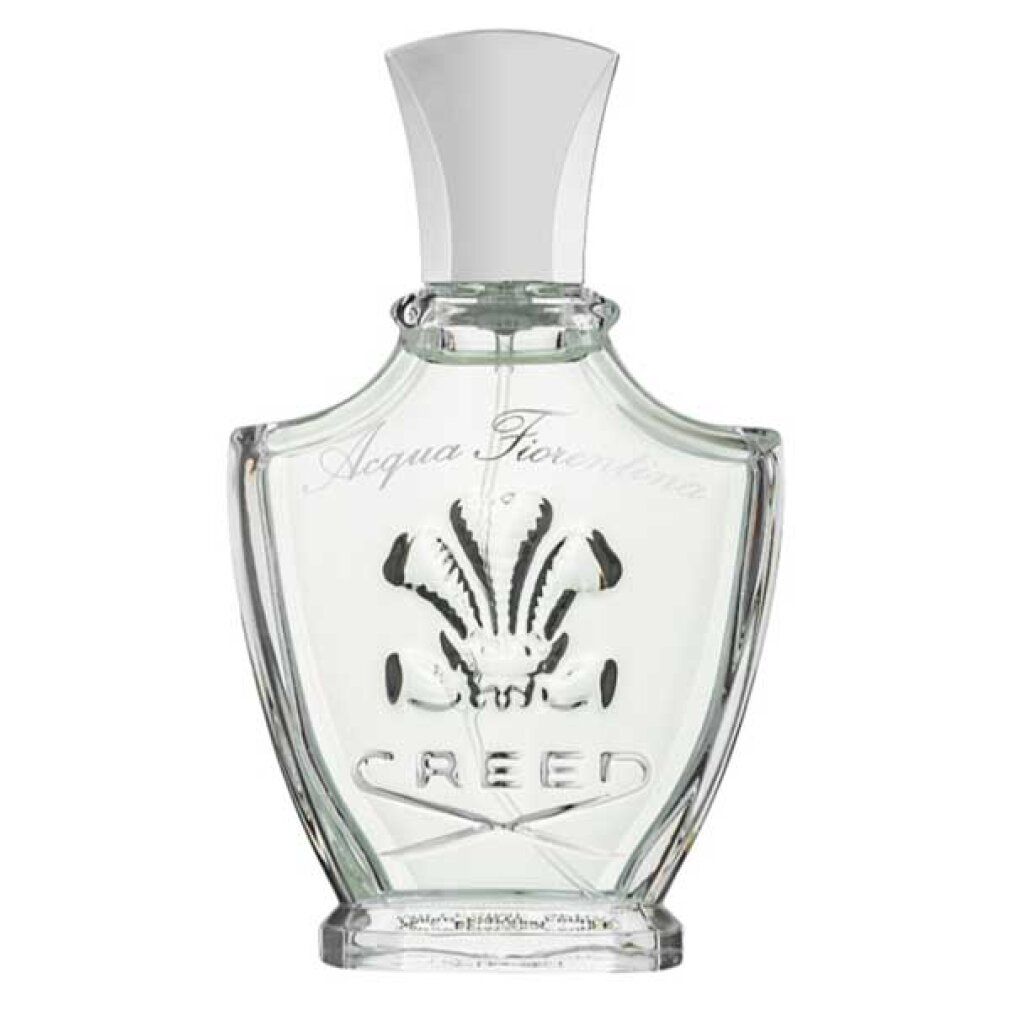 Flacone di profumo. Flacone con tappo argentato, scritta Acqua Fiorentina e Creed. Flacone con design floreale.