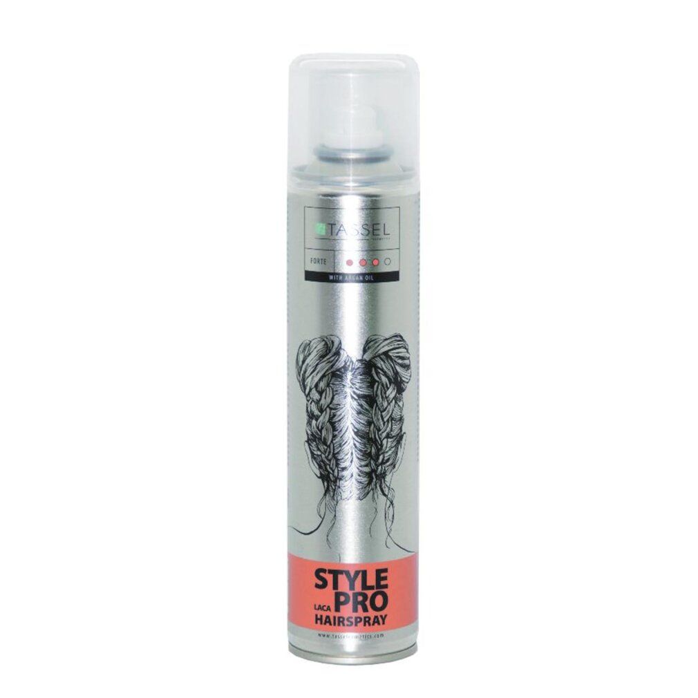 Bomboletta spray argento con tappo trasparente. Scritta "STYLE PRO HAIRSPRAY". Illustrazione di capelli intrecciati.