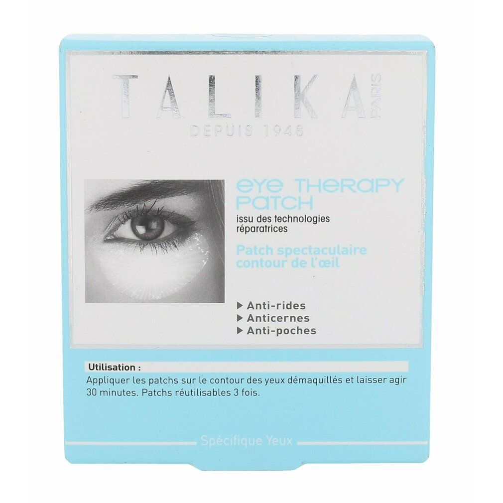 Confezione di Talika Eye Therapy Patch. Immagine di un occhio. Testo: Eye Therapy Patch, anti-rughe, anti-occhiaie, anti-borse.