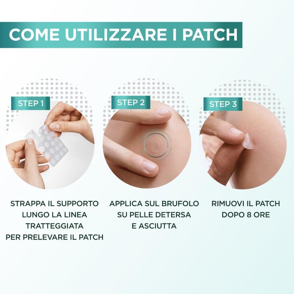 Fasi di applicazione. 1: Staccare il cerotto. 2: Applicare su pelle pulita. 3: Rimuovere dopo 8 ore.