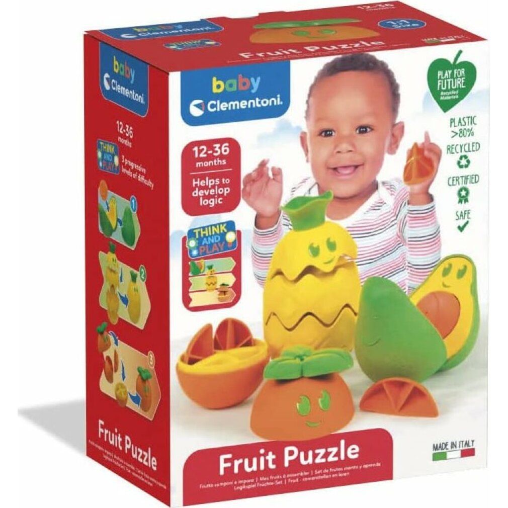 Confezione Baby Clementoni Fruit Puzzle. Contiene pezzi di puzzle a forma di frutta. Consigliato per 12-36 mesi. Plastica riciclata.