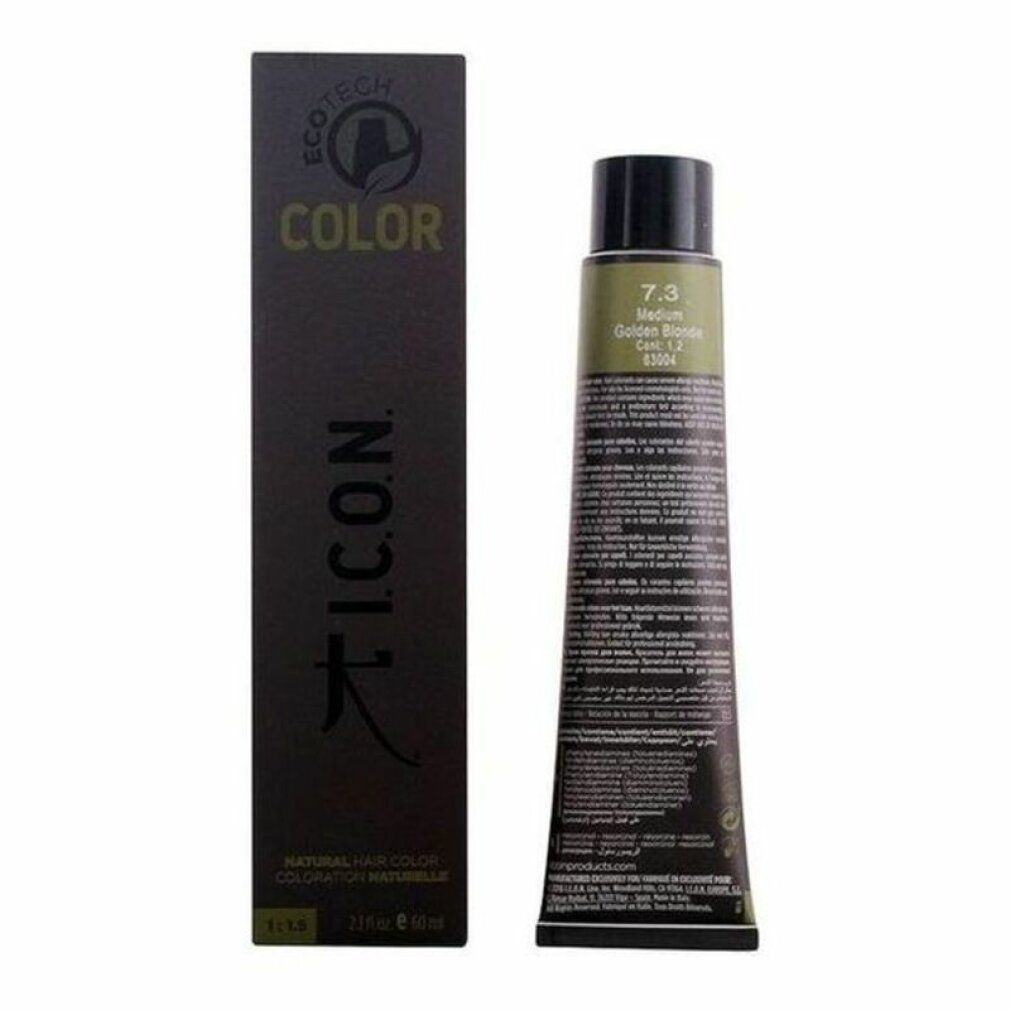Tubo e scatola di tinta per capelli. Sul tubo è scritto 7.3 Medium Golden Blonde. Sulla scatola c'è scritto ECOTECH COLOR.