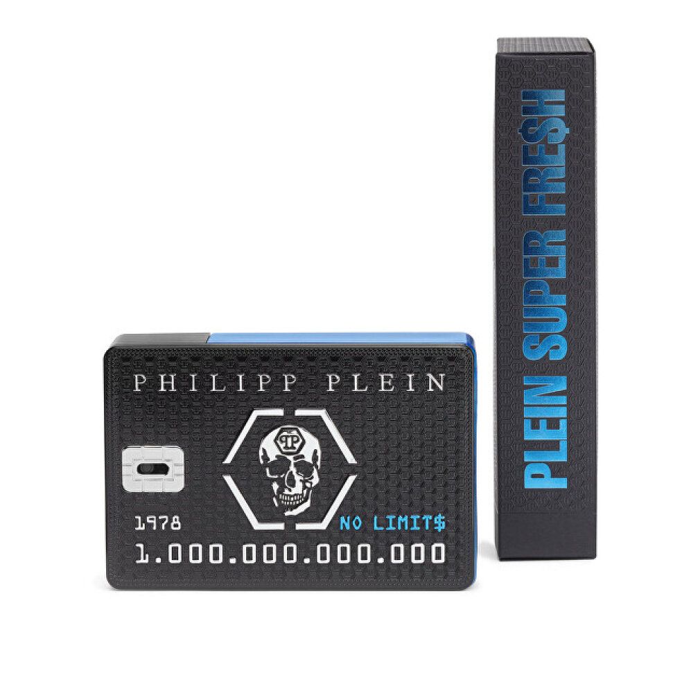 Confezione rettangolare nera con design teschio e testo: PHILIPP PLEIN, NO LIMITS. Accanto, un'altra confezione con PLEIN SUPER FRESH.