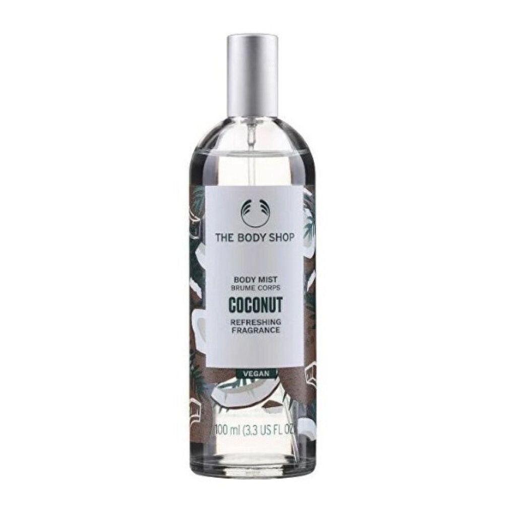 Flacone di nebbia per il corpo con design cocco. Erogatore argentato. Scritta: "Coconut". Vegano.