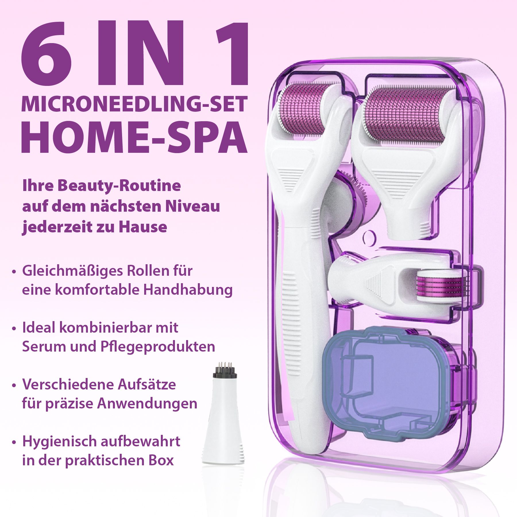 Set di dermaroller viola con più accessori e accessori in una scatola trasparente. Testo: 6 IN 1, HOME-SPA.