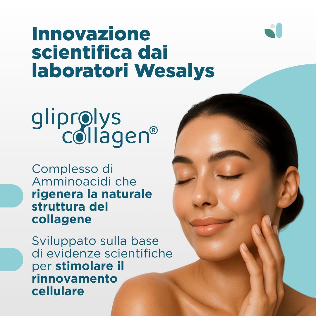 Donna tocca il viso. Testo: gliprolys collagen®, complesso di aminoacidi, innovazione.