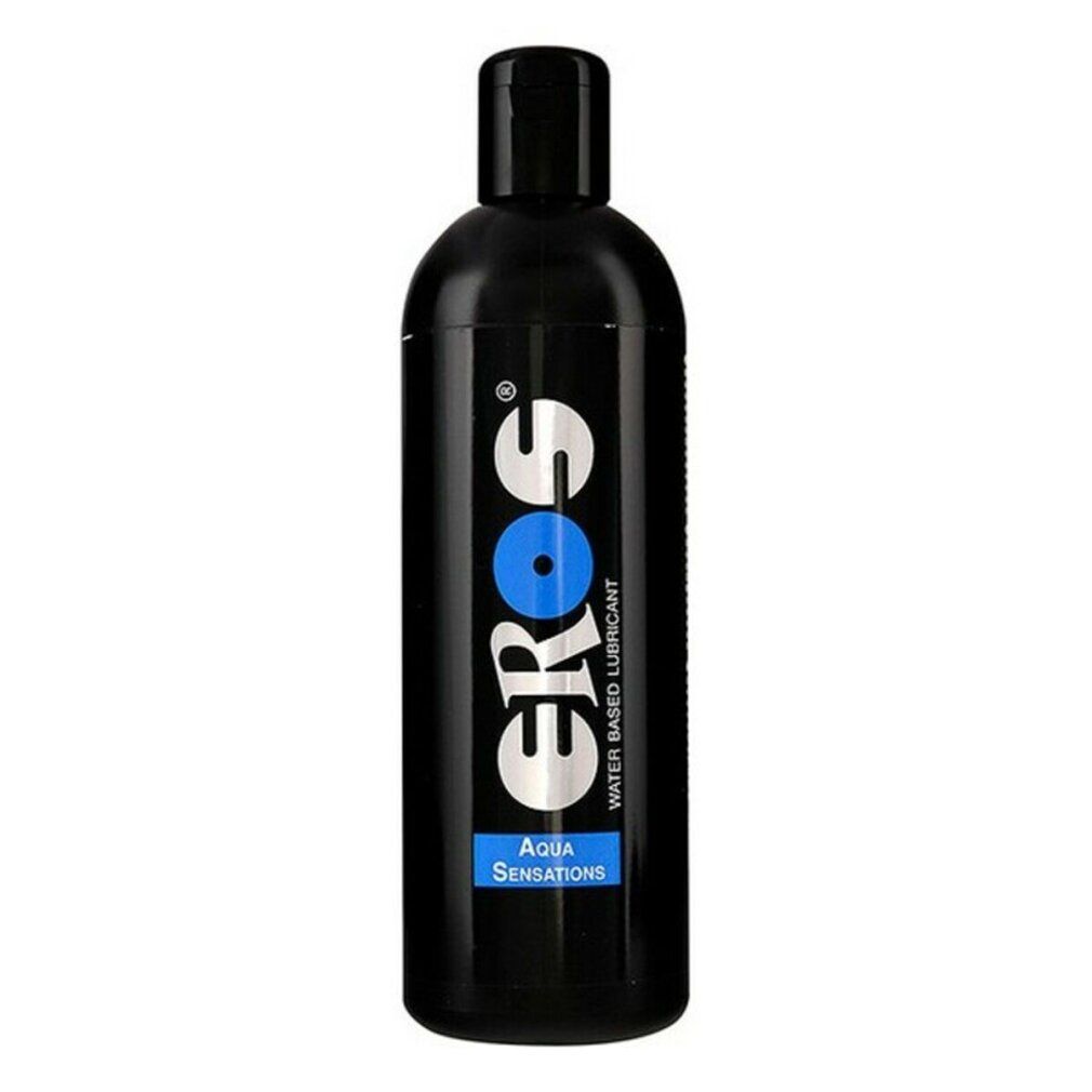 Flacone nero con logo "Eros" bianco e cerchio blu. Visibili anche "Aqua Sensations" e "Water Based Lubricant".