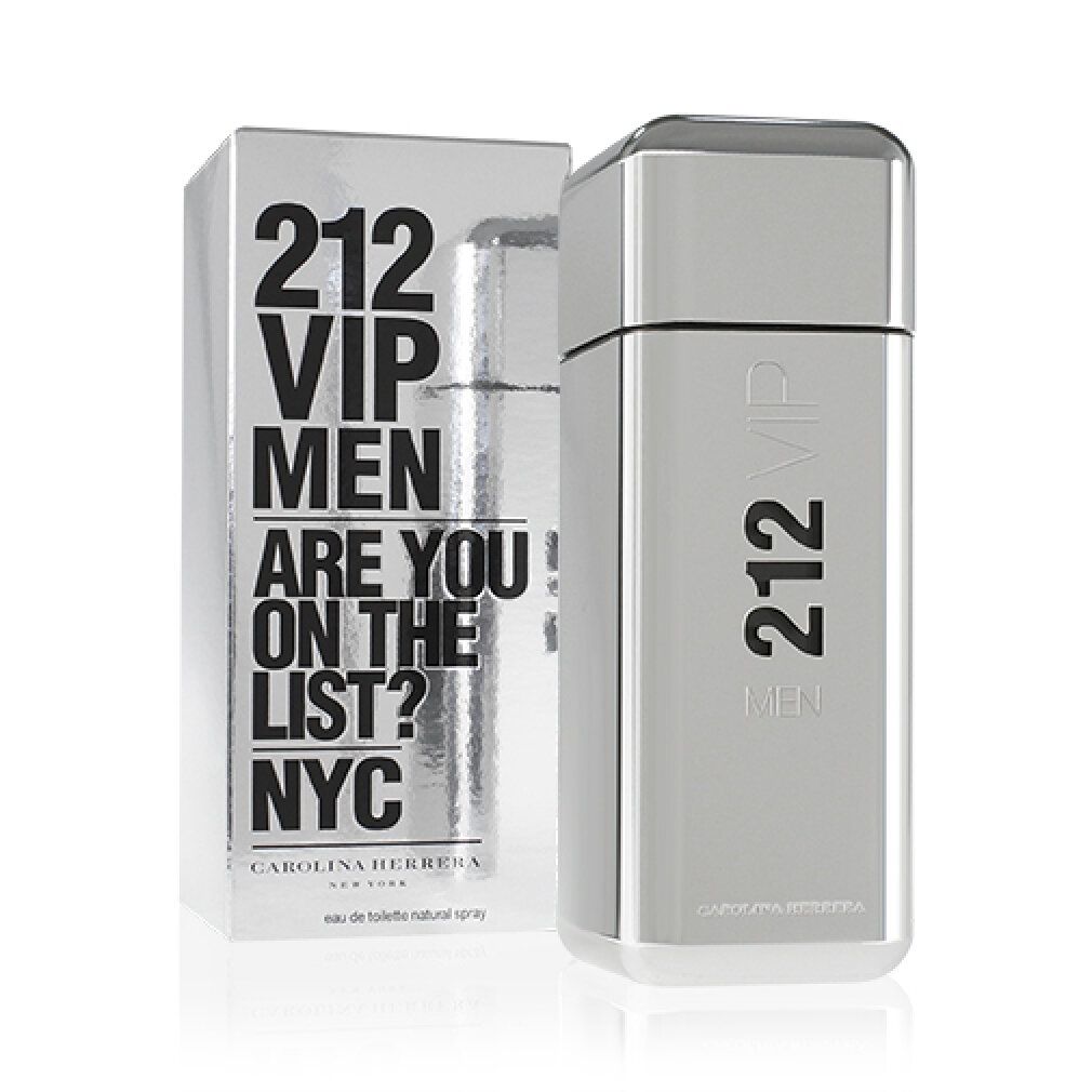 Flacone argentato e scatola argentata. Scritta: 212 VIP MEN, ARE YOU ON THE LIST? NYC. Marchio Carolina Herrera.