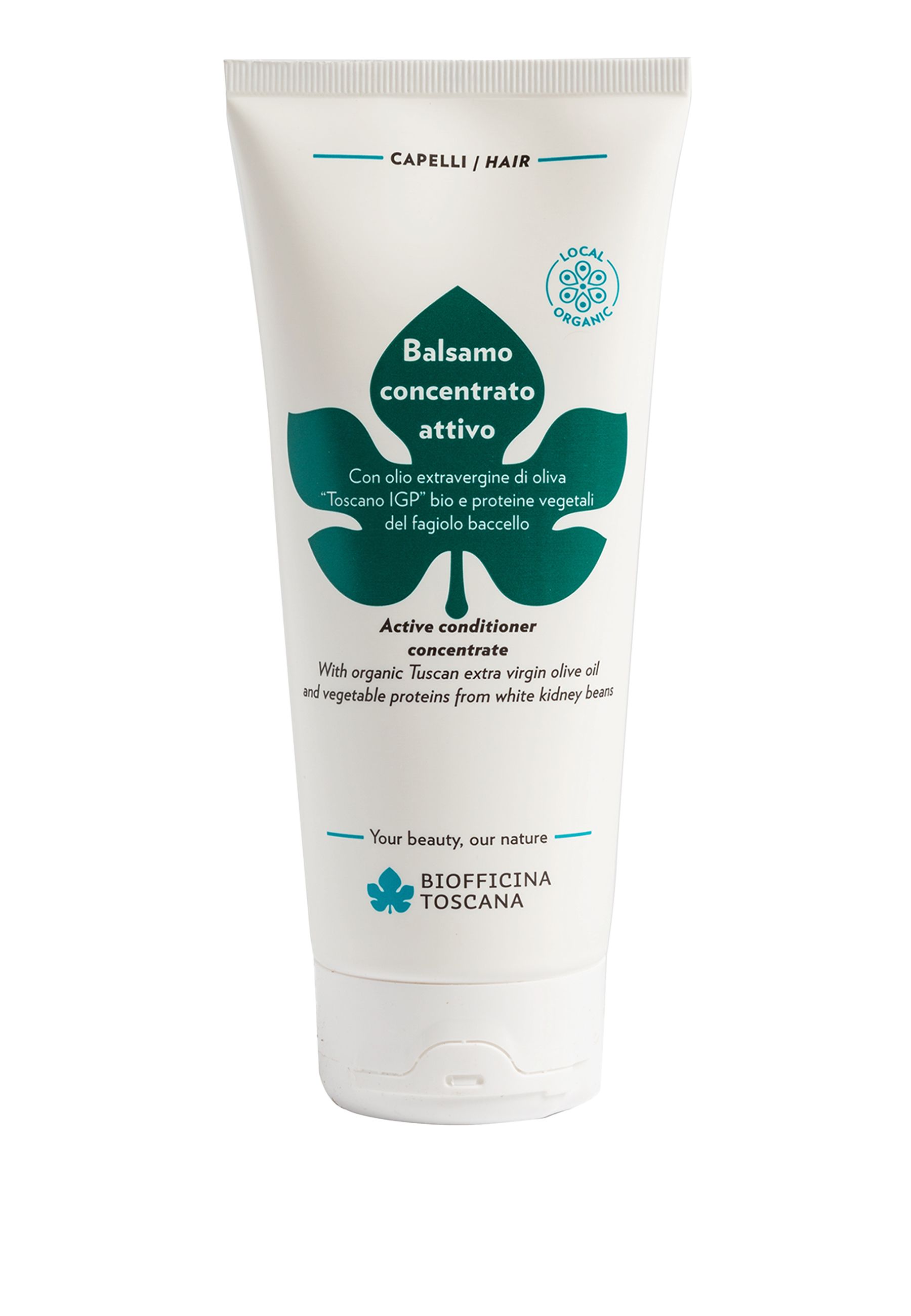 Tubo bianco con etichetta verde. Testo: Balsamo concentrato attivo, Active conditioner concentrate. Logo Biofficina Toscana.