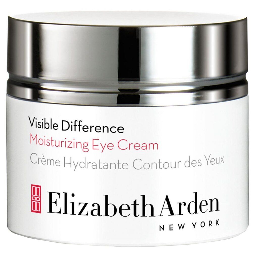 Vaso di crema con coperchio argentato. Scritta: Visible Difference Moisturizing Eye Cream. Marchio: Elizabeth Arden.