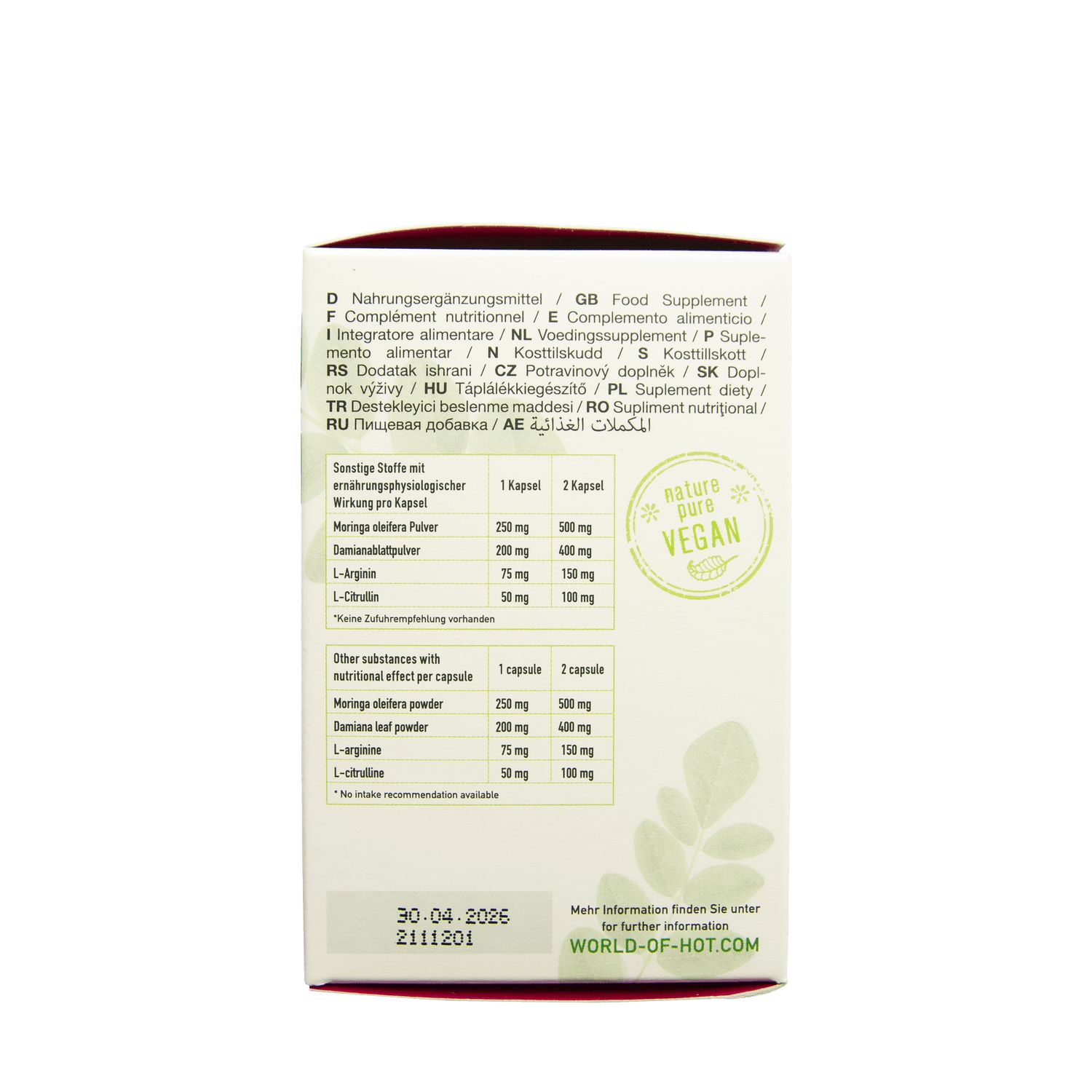 Retro della confezione con ingredienti e informazioni nutrizionali. Testo multilingue, sigillo Nature Vegan.