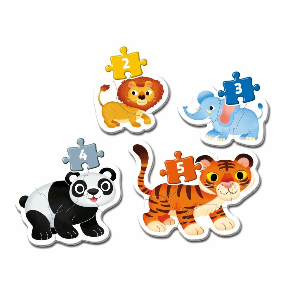 Set di puzzle con immagini di animali. La confezione mostra una faccia di tigre e pezzi di puzzle con leoni, elefanti, panda e tigri. Marchio: Clementoni.
