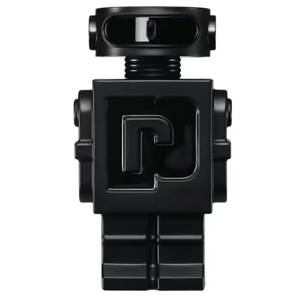 Flacone di profumo a forma di robot nero. Corpo quadrato, testa rotonda, 'P' nell'area del petto.