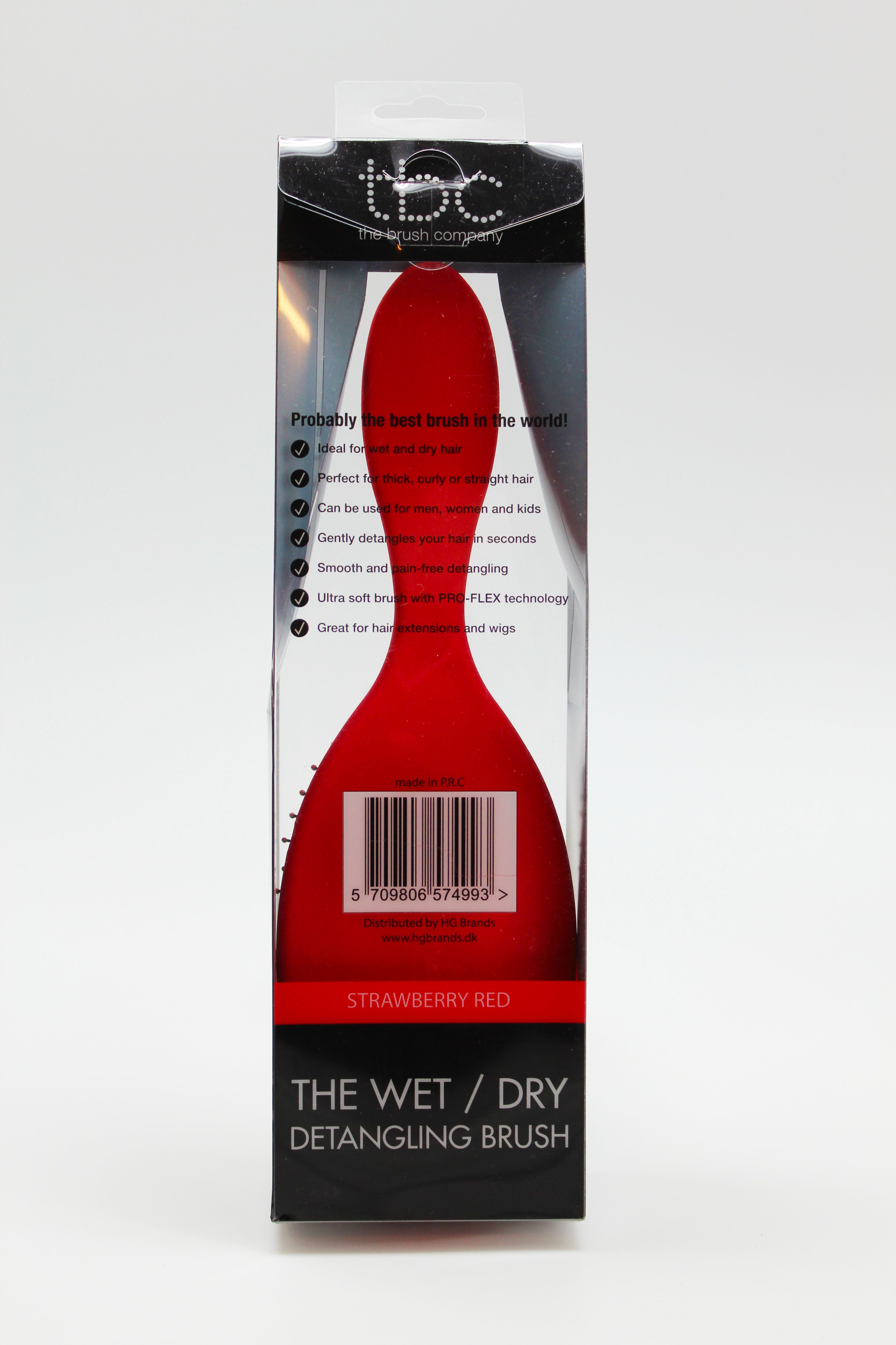 Retro della spazzola per capelli TBC Wet & Dry rossa confezionata, con caratteristiche del prodotto.