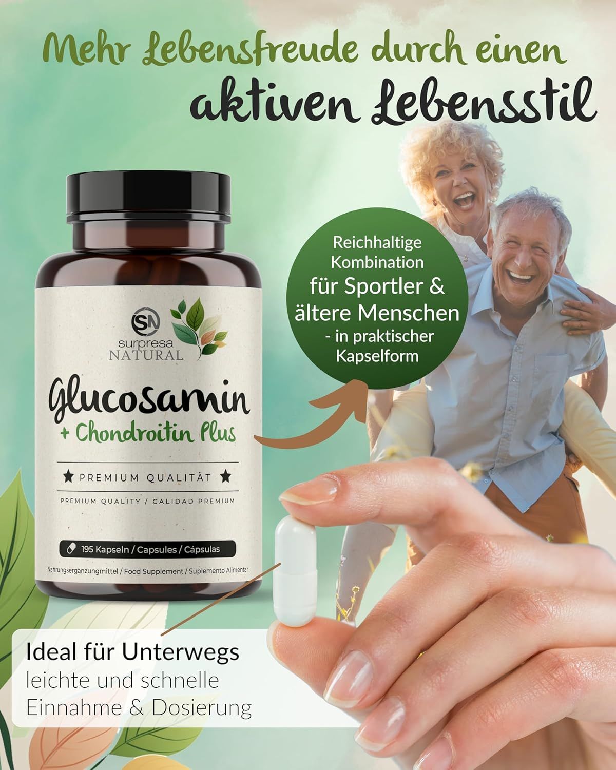 Flacone Glucosamina + Condroitina Plus. Coppia anziana. Testo: Più gioia di vivere grazie a uno stile di vita attivo.