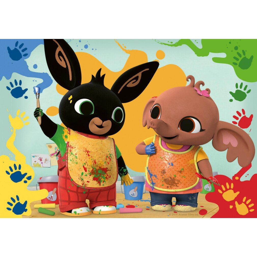 Puzzle con personaggi che dipingono. Bing e un elefante dipingono con la vernice. Schizzi di vernice sullo sfondo e sui personaggi.