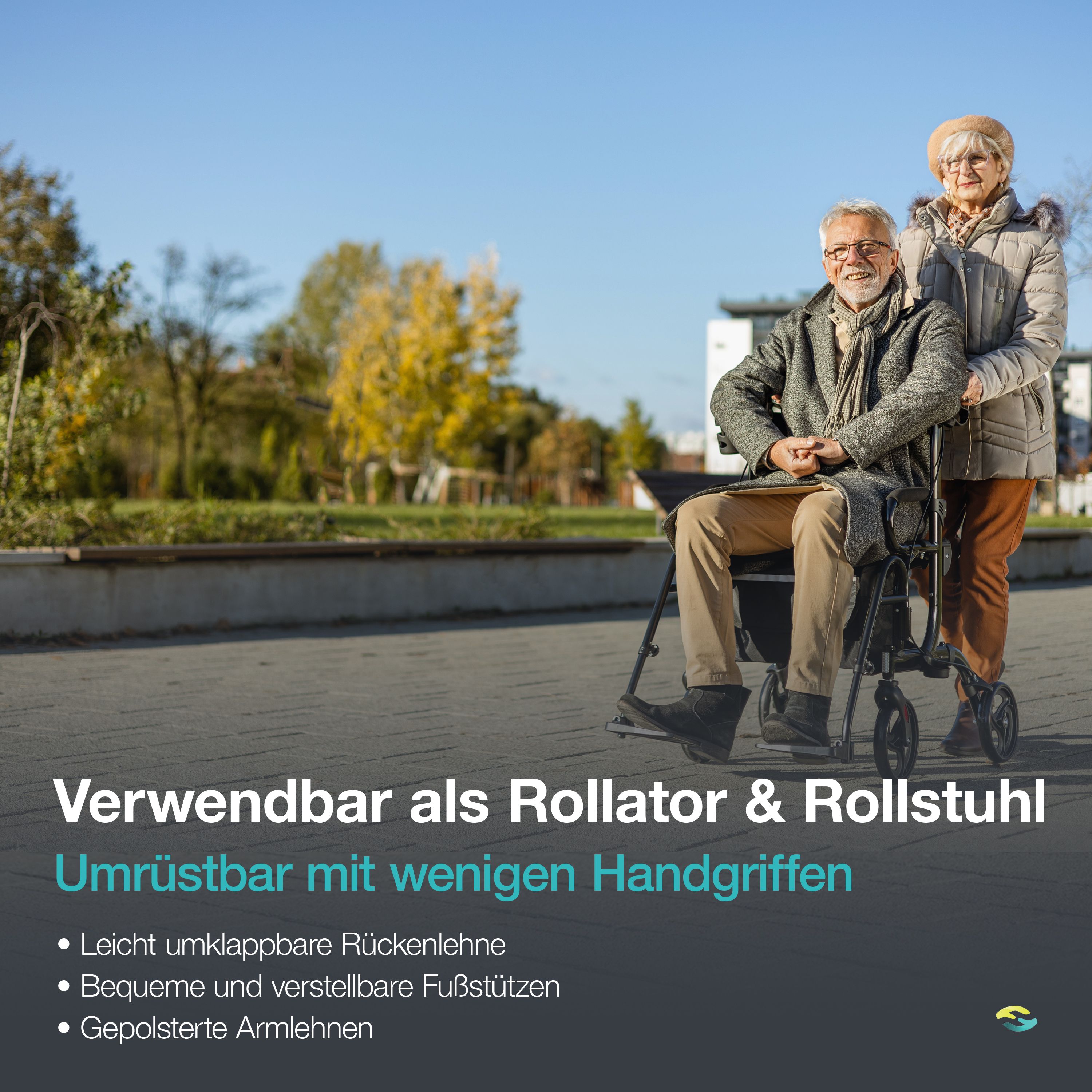Coppia anziana all'aperto, uomo seduto nel deambulatore, donna in piedi accanto. Testo: Utilizzabile come rollator e sedia a rotelle.