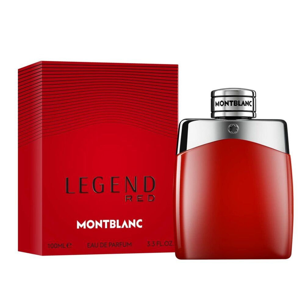 Flacone e scatola rossi. LEGEND RED e MONTBLANC sulla scatola. 100ml e 3.3 FL.OZ.