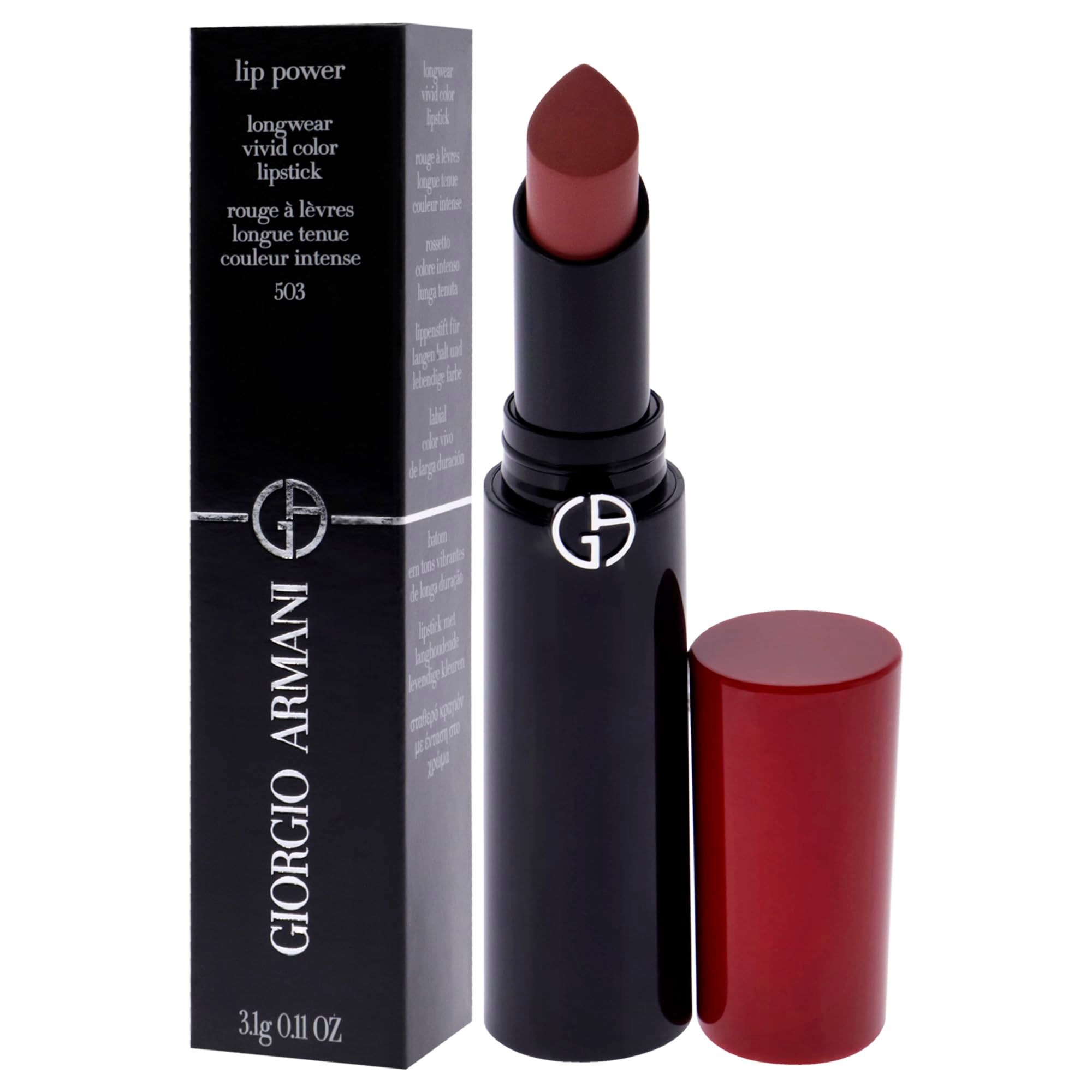 Rossetto rosso scuro, stick nero con logo, cappuccio rosso. Confezione con nome e marchio Giorgio Armani.