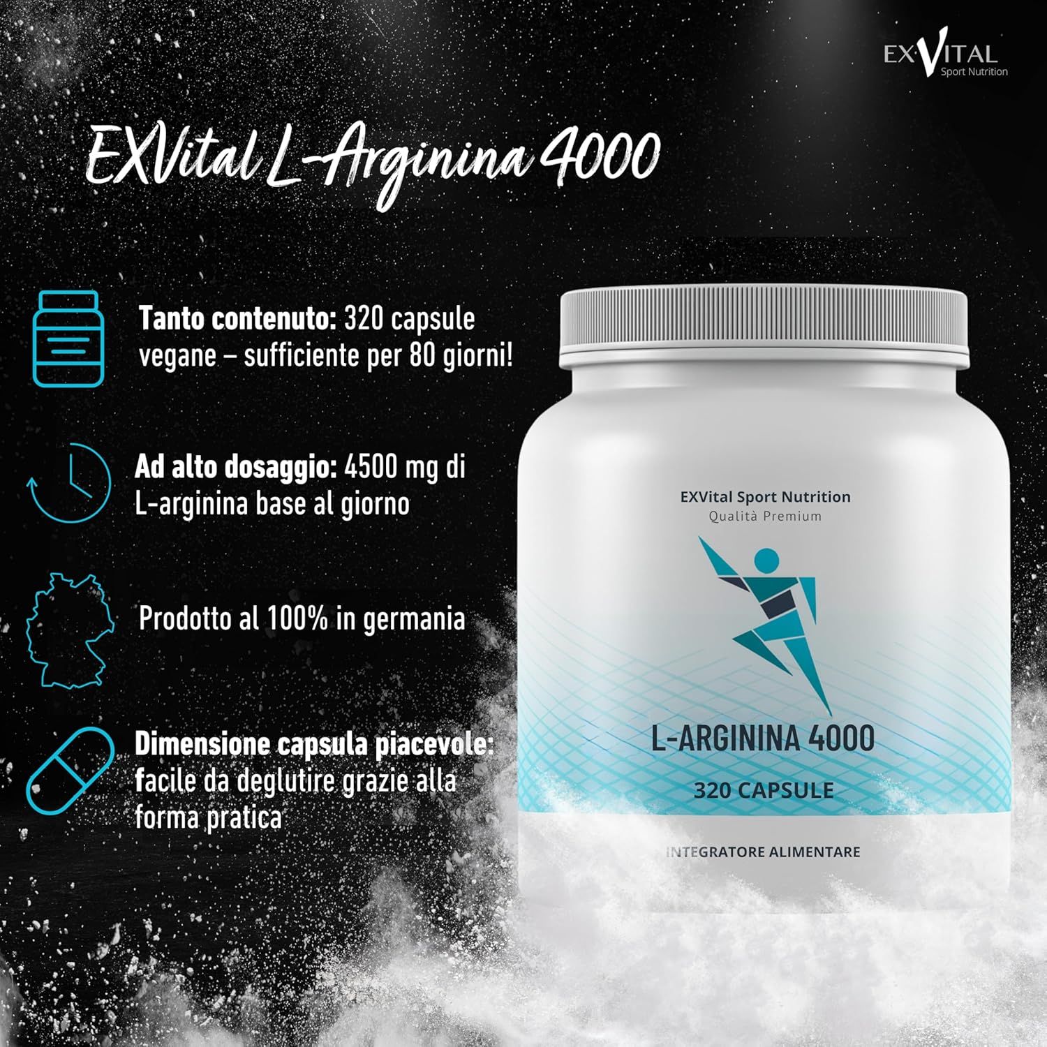 Barattolo bianco L-Arginina 4000. Testo: 320 capsule. Informazioni sul prodotto in italiano.