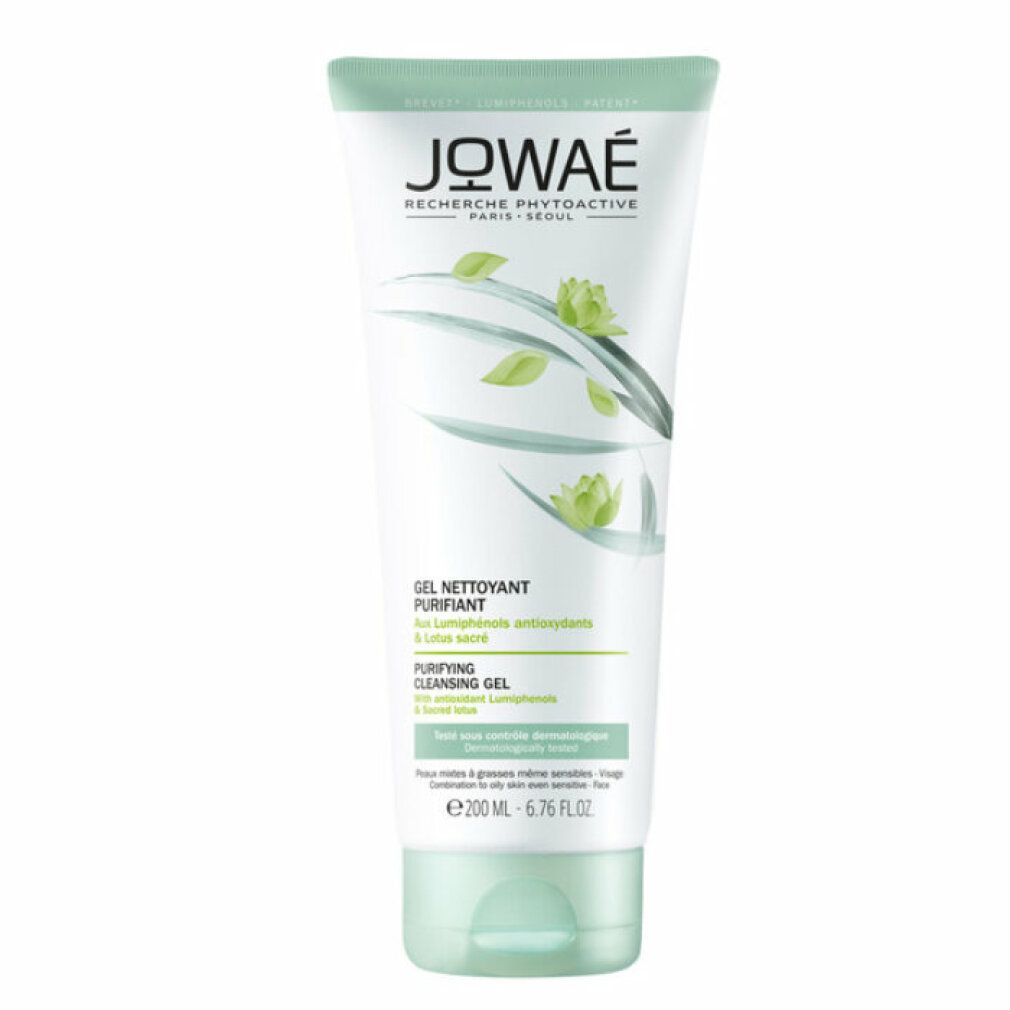 Tubo bianco e verde con logo JOWAE e nome del prodotto. Testo: Gel Nettoyant Purifiant, Purifying Cleansing Gel. 200ml.