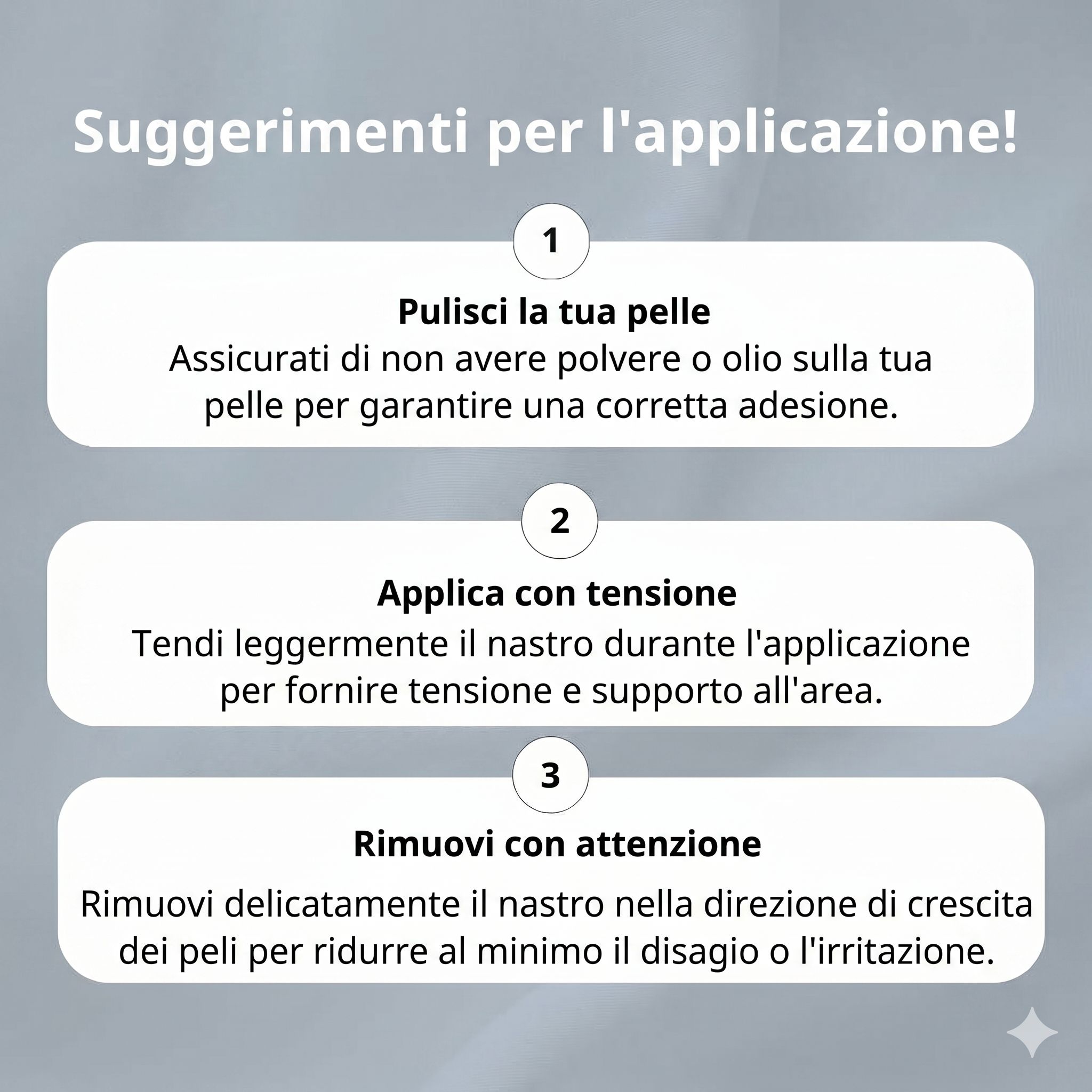 Istruzioni per l'applicazione e la rimozione del tape kinesiologico. Passaggi per applicazione e rimozione.