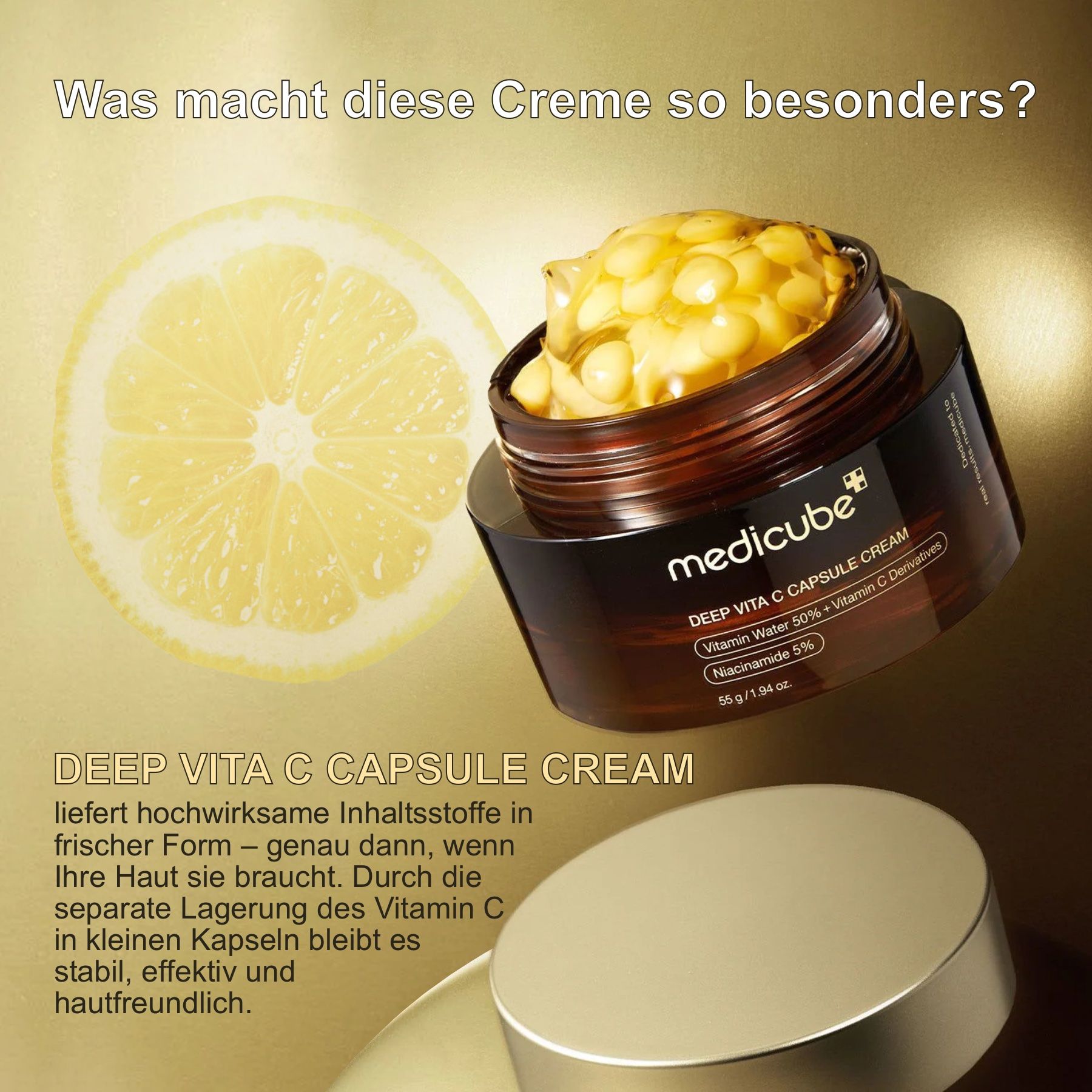 Vaso di crema aperto con capsule gialle. Limone accanto. Testo: Deep Vita C Capsule Cream. Contiene ingredienti altamente efficaci.