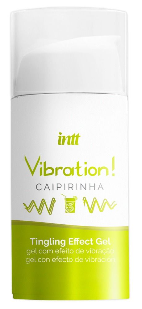 Flacone bianco e verde con testo. Scritta "Vibration! Caipirinha". Gel effetto formicolio.